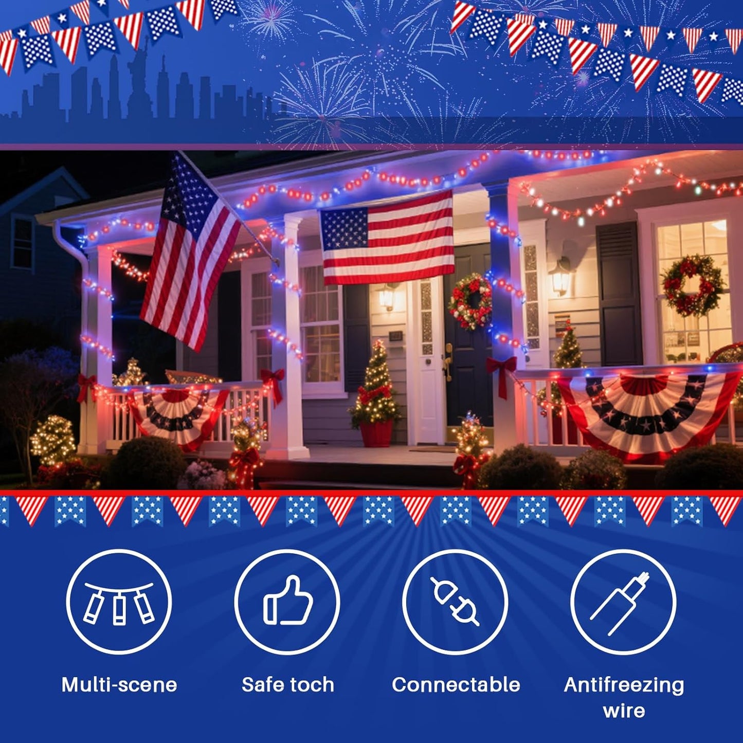 33ft Patriotic String Lights - Red White Blue Mini Lights, 100 LED Green Wire Fairy Starry String Lights Plug in, 11 Modes for Independence Day Celebration Party Memorial Day Decor