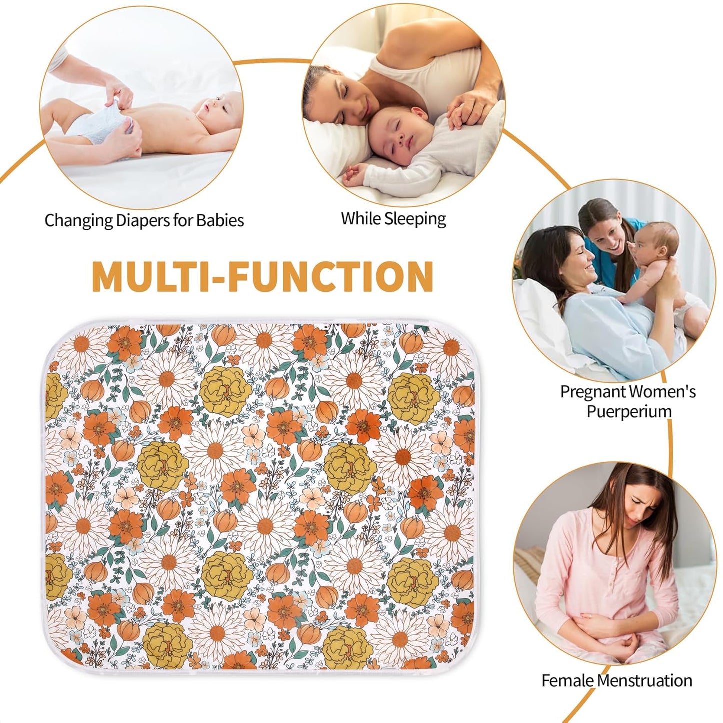 Diaper Changing Pads for Baby, Flower Change Mat, 3Layers Waterproof Change Pad Foldable Absorbent Mats for Women, Reusable Incontinence Underpads for Patient 24''x30'' (Daisy Flower)