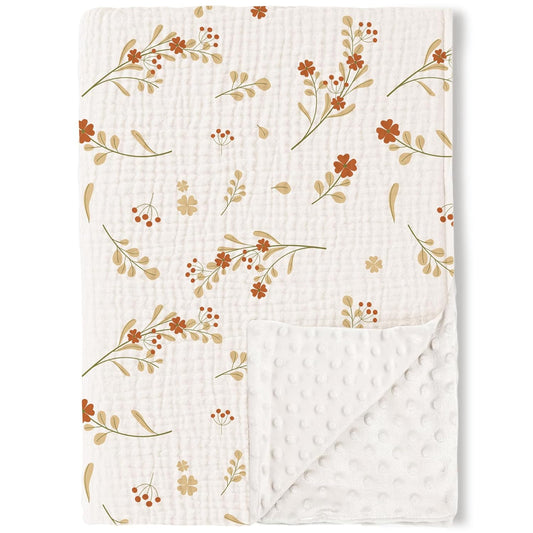 Konssy Baby Blankets for Unisex Boys Girls, Super Soft Nursery Minky Blankets with Muslin Cotton Front and Dotted Fleece Backing, Printed Bed Throws Newborn