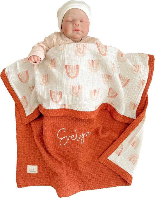 Personalized Baby Blanket with Name – Handmade 100% Organic Cotton Newborn Gift | Custom Knit Blanket for Boys, Girls, Kids & Baby Showers