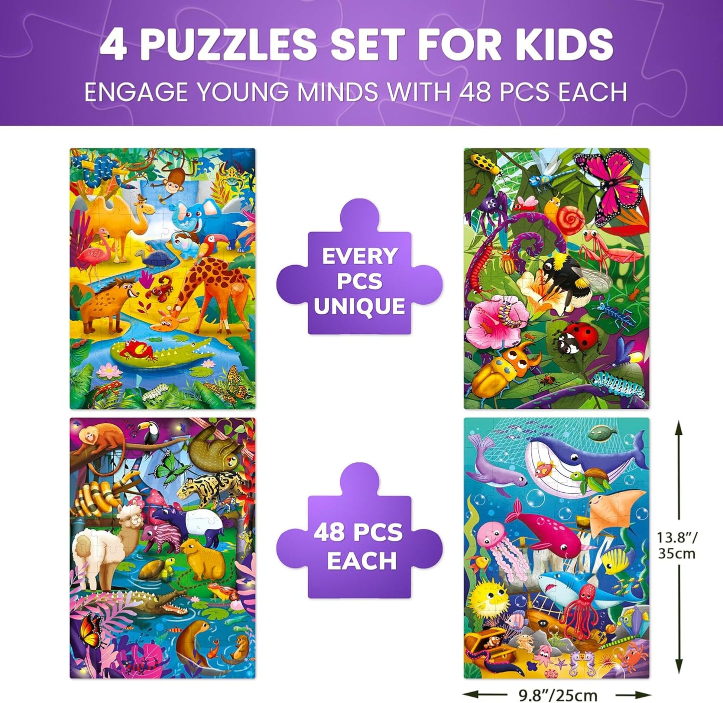 QUOKKA Puzzles for Kids Ages 4-6 – 4 x 48 Pieces Jigsaw Puzzles for Toddlers 3-5 – Toy for Learning Insects, African, Ocean Animals – Educational Game for Boy and Girl 2-4 Year Old - Improved Version