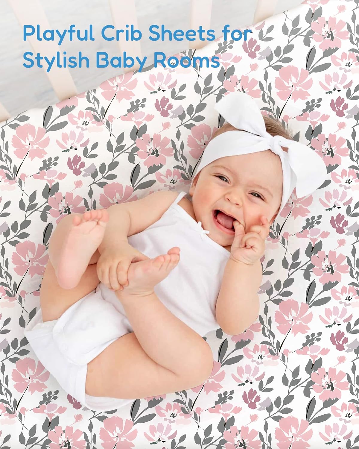 Baby Crib Sheets Boy Girl for Standard Crib Mattress - Flower&Pink Checkered Crib Sheet, Soft Jersey Knit, Breathable and Cozy, Fits 28''x52''x9'' Extra Deep Pocket