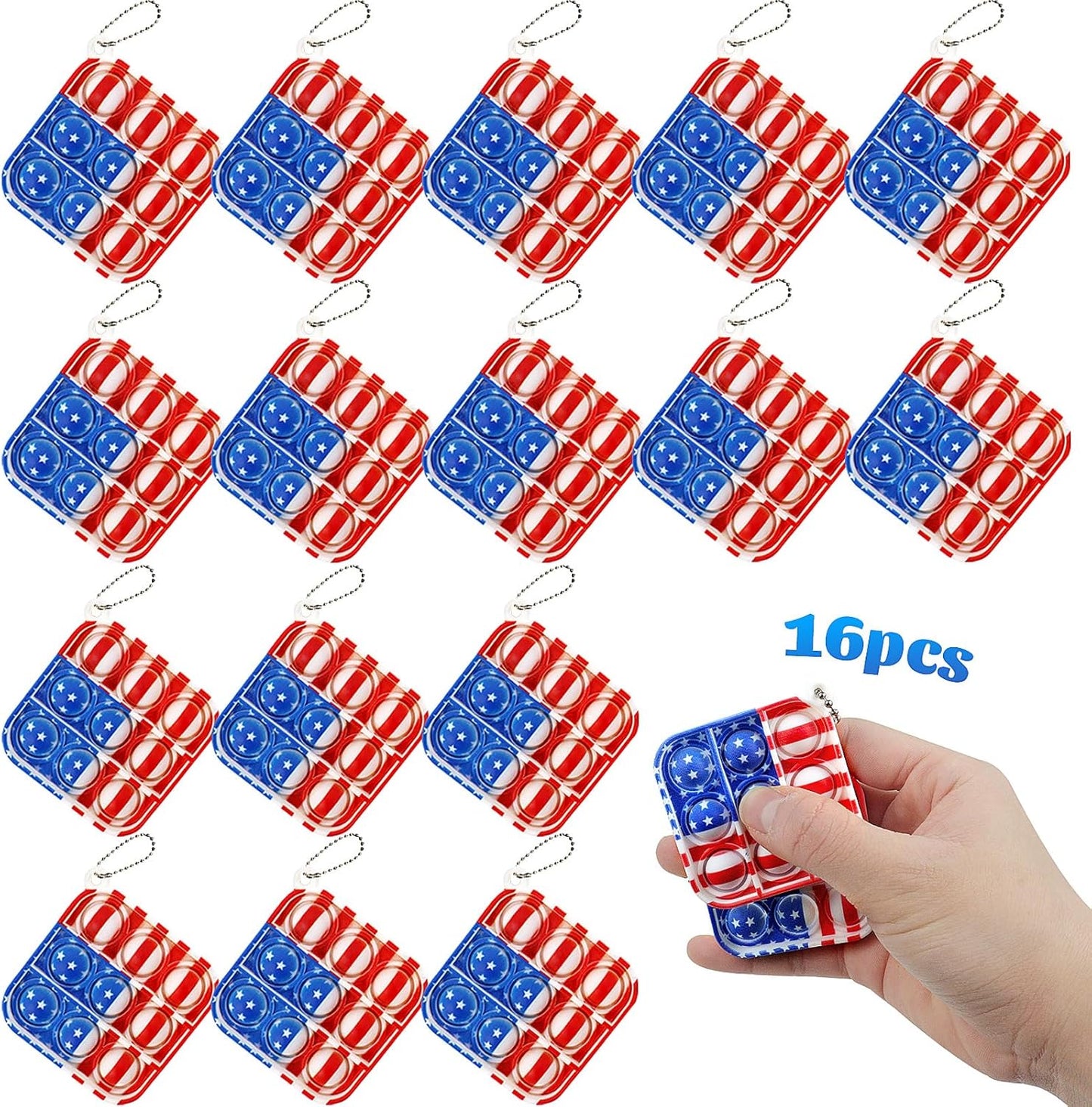 16Pcs Mini Pop Fidget Flag Keychain Toys, Party Favors for Kids Pop Flag Keychain Souvenirs Bulk Toys, Silicone Pop Keychain Stress Reliever Hand Toy Independence Day Gifts for Kids Adults
