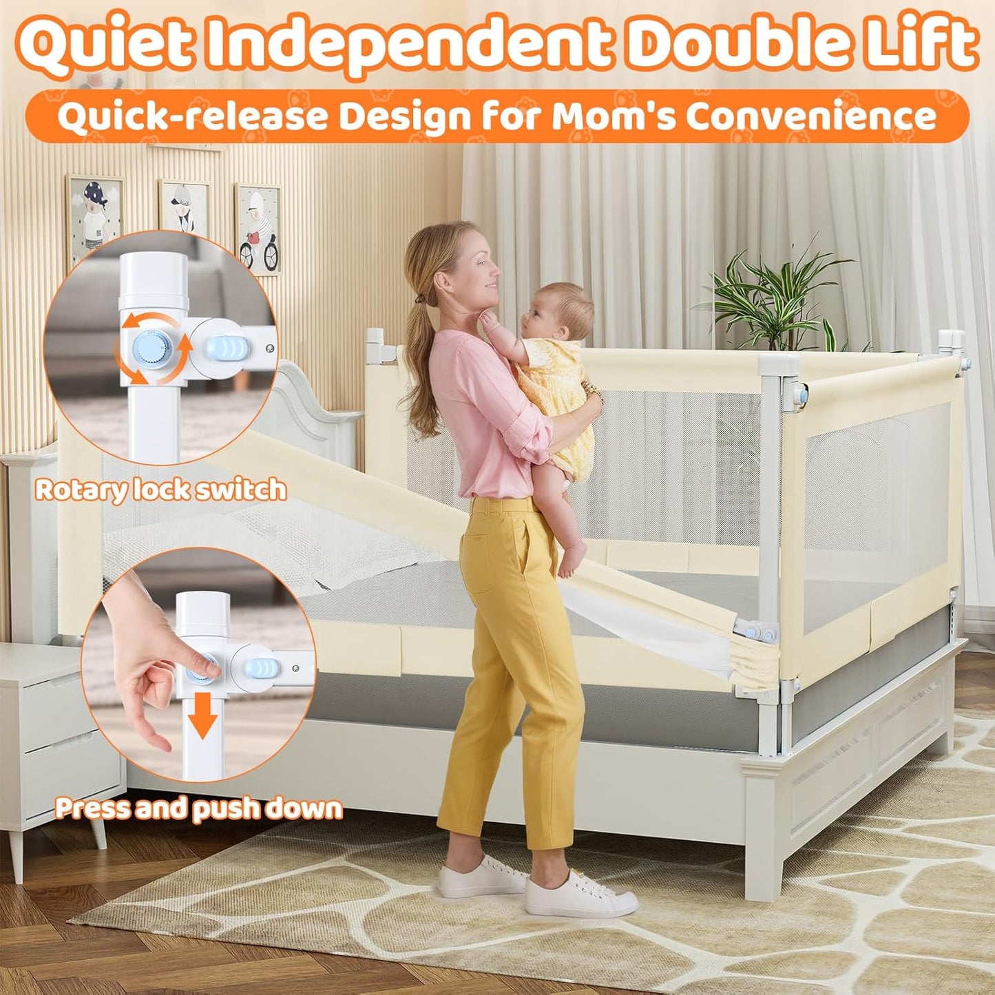Bed Guard Rail for Toddlers - 74.8" Quick Assembly & Double Side Lift with Safety Child Lock - Adjustable Height Baby Bed Rails for Queen Full King Twin Crib Bunk Size Bed(Beige, 1 Pack)