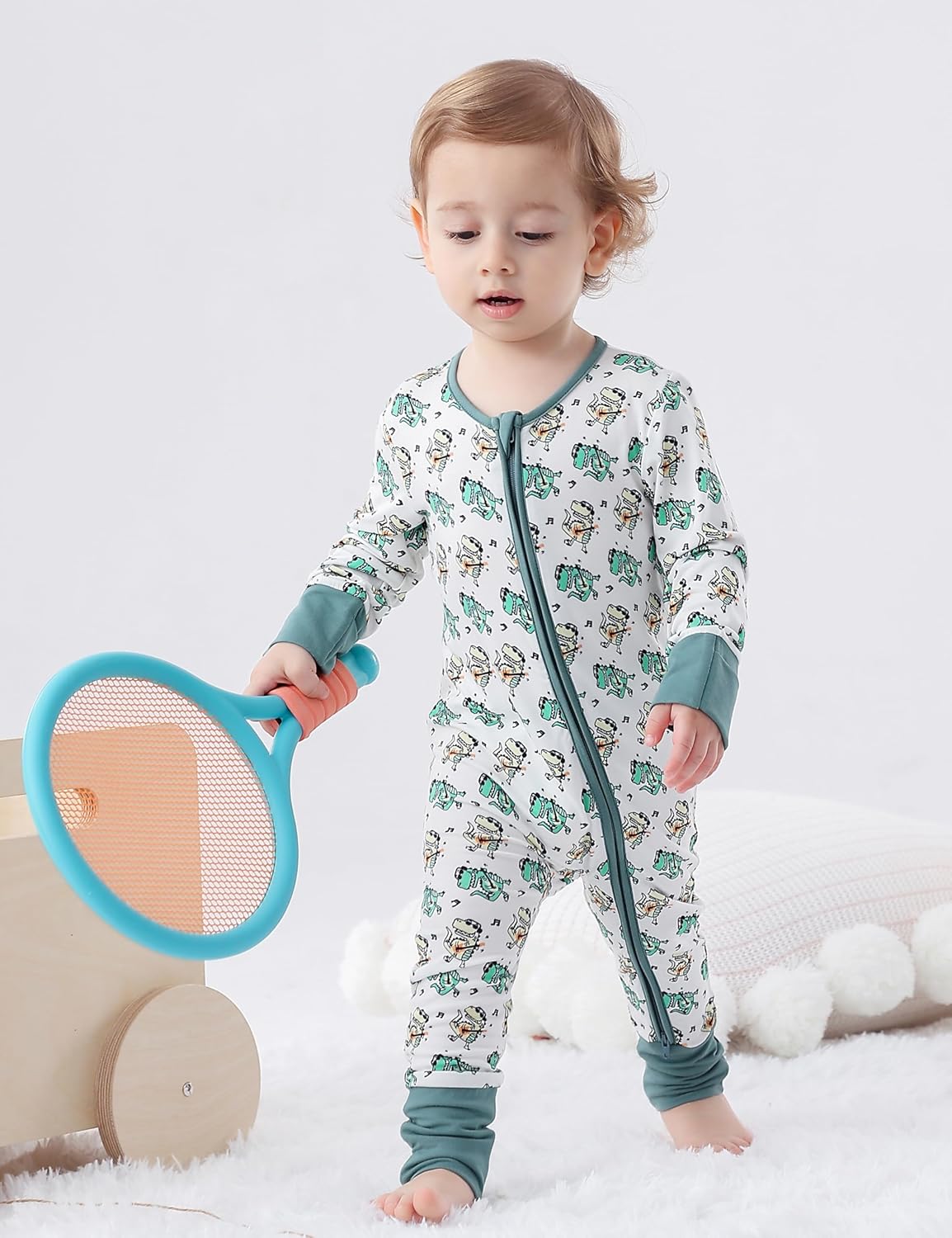 JunNeng 2Pcs Baby Rayon from Bamboo Sleeper with Mitten Cuffs, Footless Zipper Cozy Pjs, Non-Slip Soles Romper