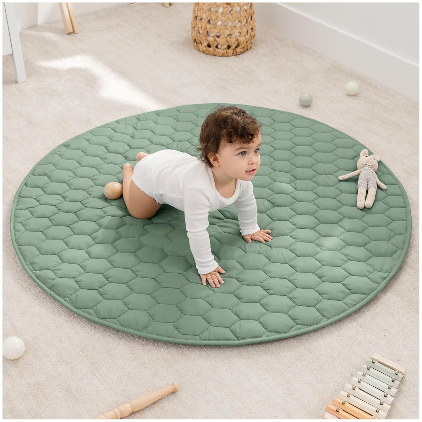 Comfy Cubs Round Kids Play Mat - Medium 48 inches Soft Quilted Baby Floor Mat with Non-Slip Bottom - Plush Design for Toddlers' Playtime and Relaxation - Comfortable and Durable - Fern