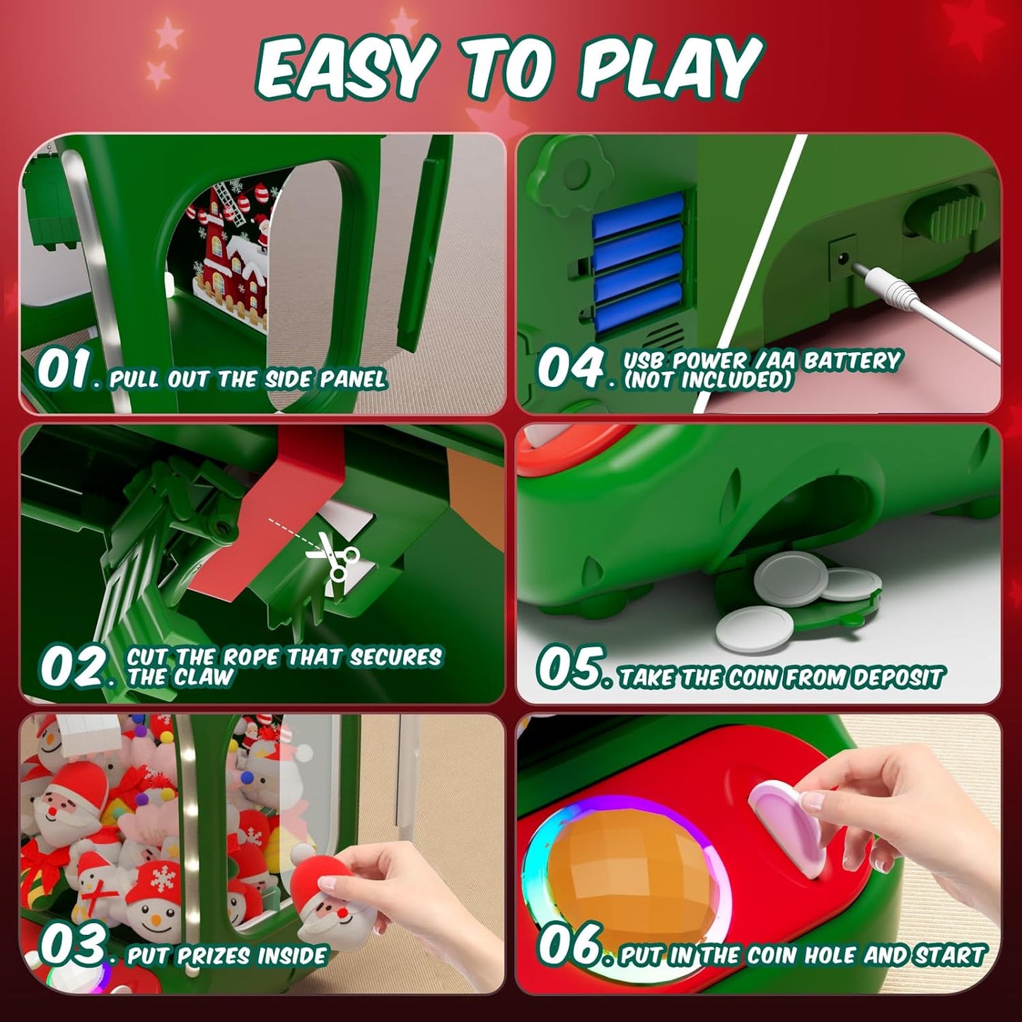 Christmas Claw Machine for Kids, Holiday Toys for Girls Age 6+, Mini Arcade Game Vending Machine with Plush Toys and Candy Dispenser, Festive Claw Game Machine, for Girls