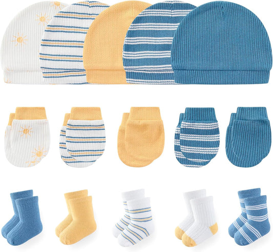 Newborn Baby Boy Girl Caps Mittens Socks Set Cotton Baby Essentials Accessories (Hats+Gloves+Socks)