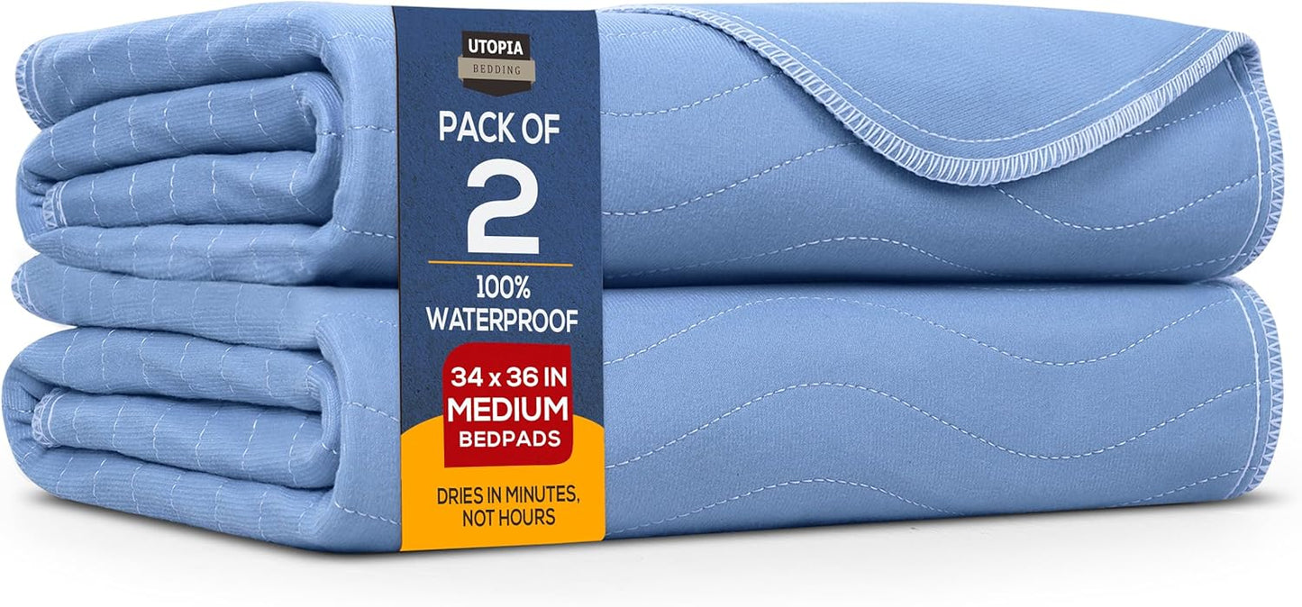 Utopia Bedding Washable Underpads 34" x 36" (Pack of 2), Waterproof Reusable Heavy Absorbency Incontinence Bed Pads for Adults, Kids, Elderly and Pets, Bedwetting Pads for Sofa and Couch (Blue)