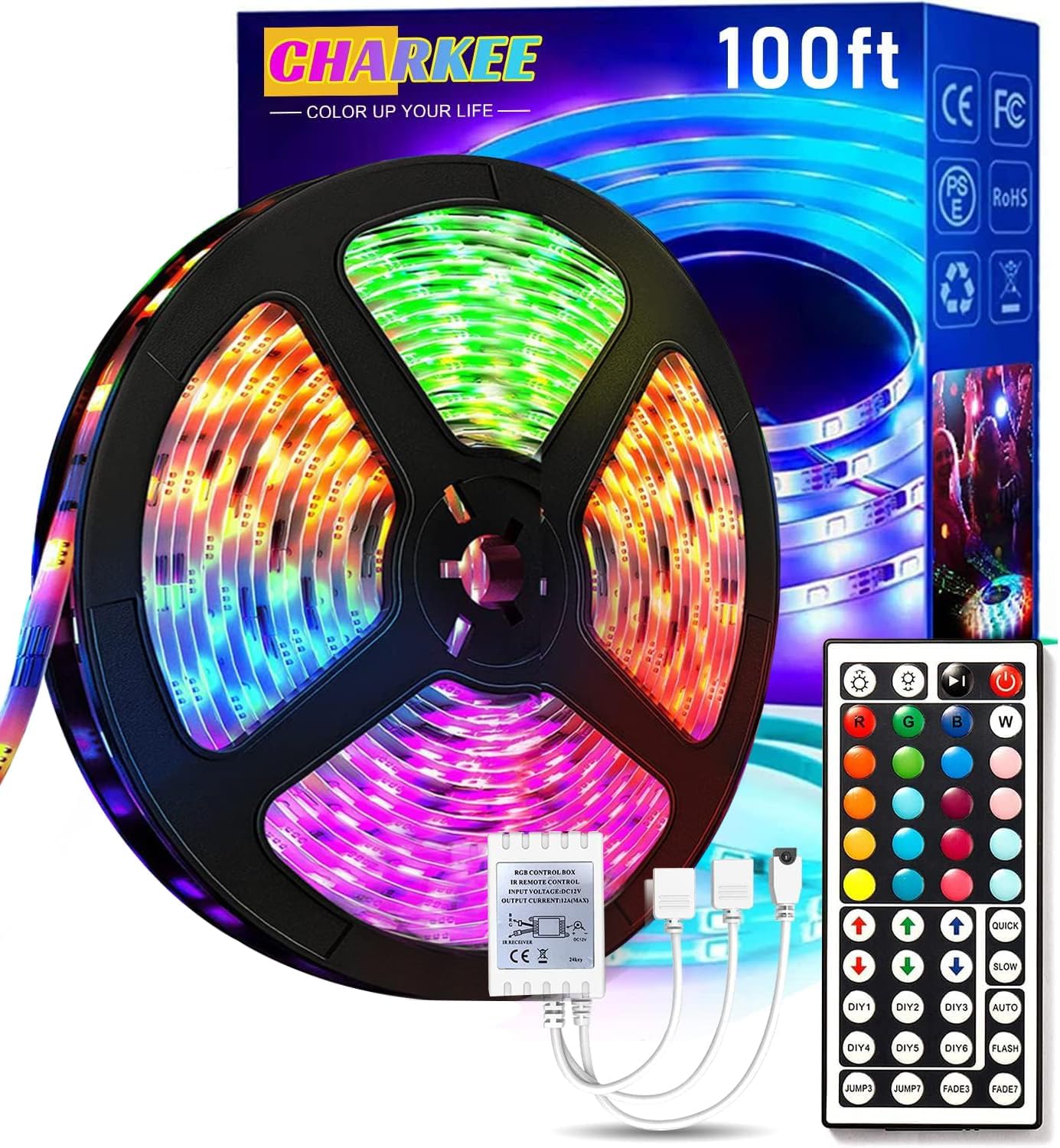 CHARKEE LED Lights for Bedroom 100 ft, Color Changing LED Strip Lights with 44-Key Remote, 24 Volt RGB SMD2835 Tape Lights for Bedroom, Room Decor, Indoor, IG, TikTok, DIY(44key Remote)