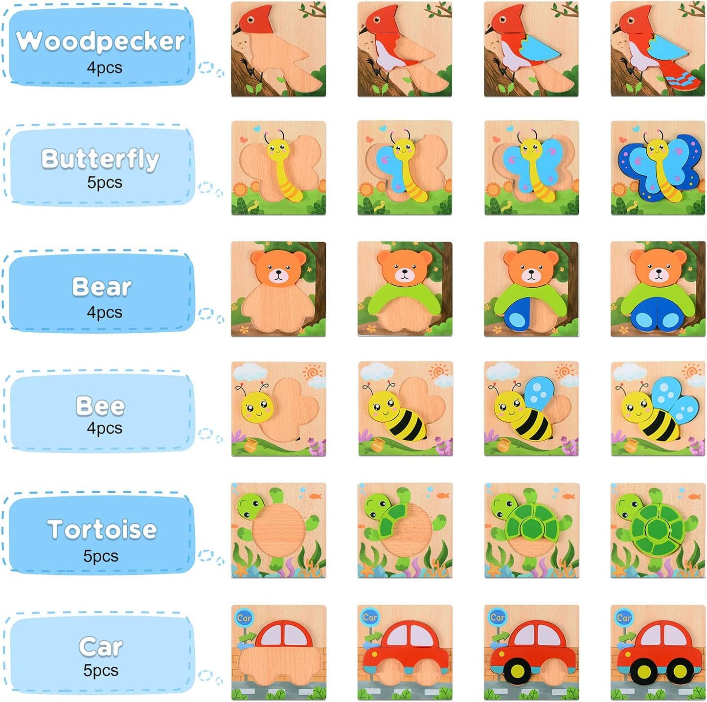 MAGIFIRE Wooden Puzzles for Toddlers 1-3 - 6-Pack Multicolor Animal & Car Puzzles - Toddler Montessori Style Toys