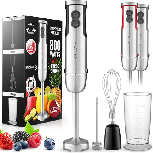 Zulay 4-in-1 Immersion Stick Mixer Hand Blender - 800 Watts, 12 Speeds, 5-ft Power Electric Cord, Handheld Portable, Stainless Steel Blades - With Whisk, Frother & Stick Blender Attachments - Black