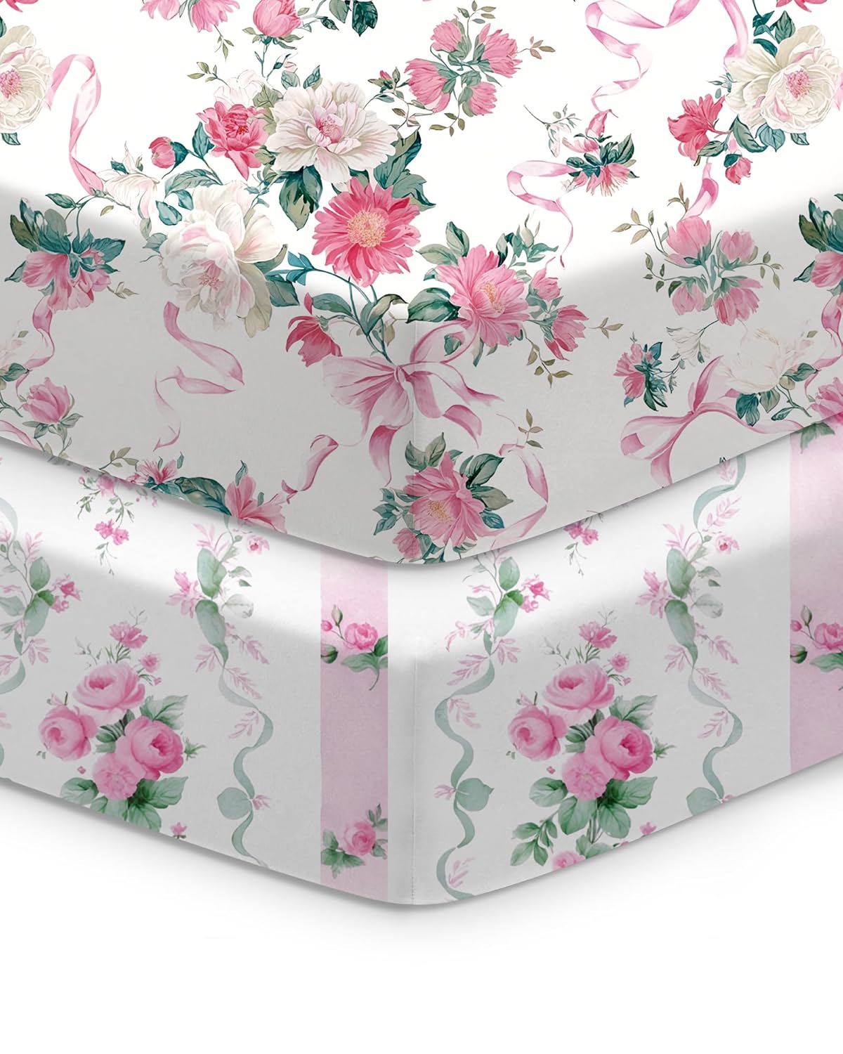 Baby Crib Sheets for Standard Crib Mattress - Pink Roses Pattern, Breathable and Soft, Safe and Snug, Fits 28''x52''x9'' Deep Pocket