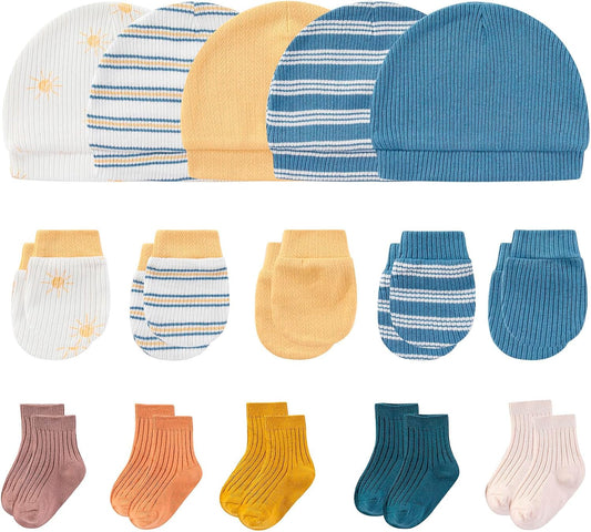 Newborn Baby Boy Girl Caps Mittens Socks Set Cotton Baby Essentials Accessories (Hats+Gloves+Socks)