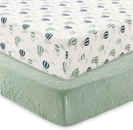david's kids Muslin Crib Sheets for Boys Girls, 2 Pack 100% Cotton Soft Breathable Fitted Baby Sheet Set, 28x52 Inch Fits Standard Crib and Toddler Mattresses, Animals