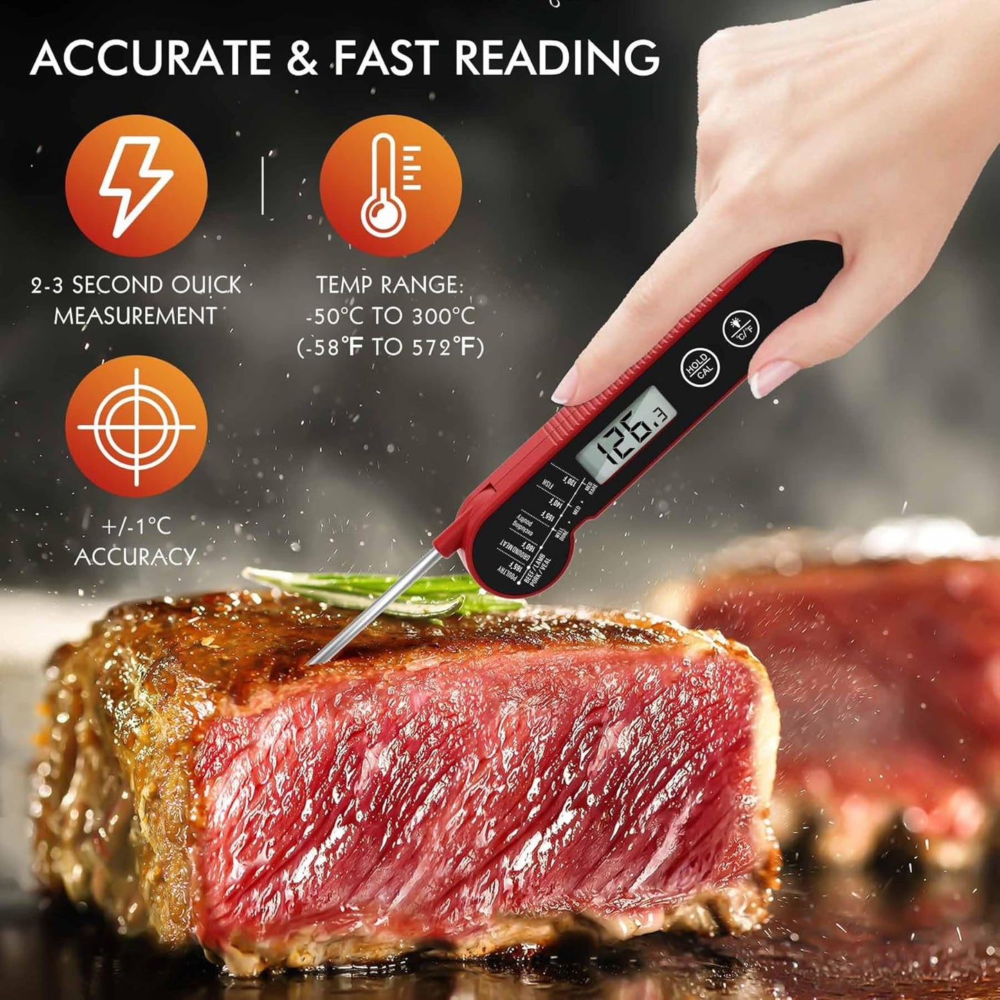 Meat Thermometer Digital with Backlight, Calibration & Hold Function, IP65 Waterproof Food Thermometer for Cooking, Outdoor Grilling, Candy Making