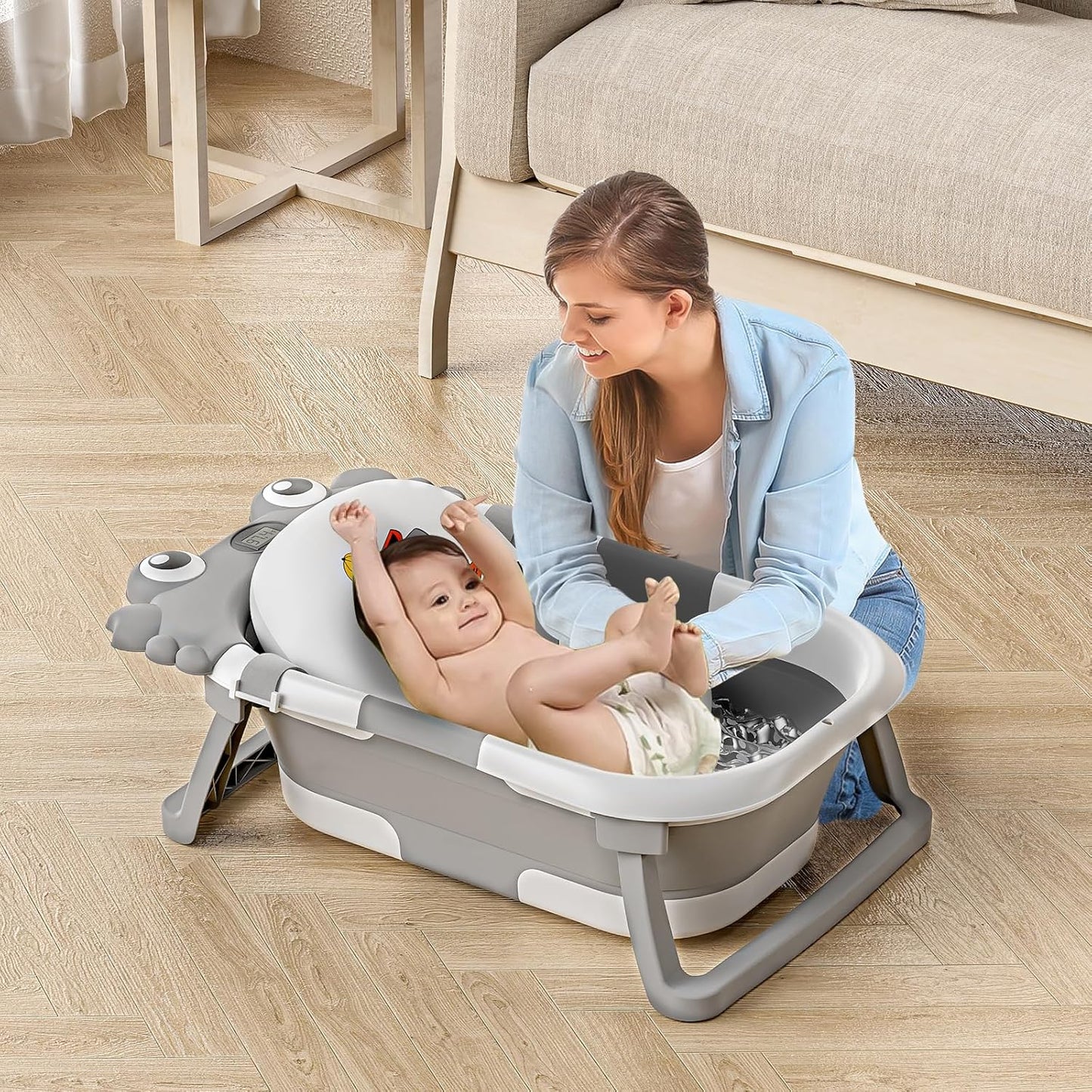 Collapsible Baby Bathtub for Newborns to Toddler with Real-time Temp Monitor & Floating Cushion,Portable Travel Tub for 0-36 Month, Foldable Baby Bath Tub for Infants Boy (Grey)
