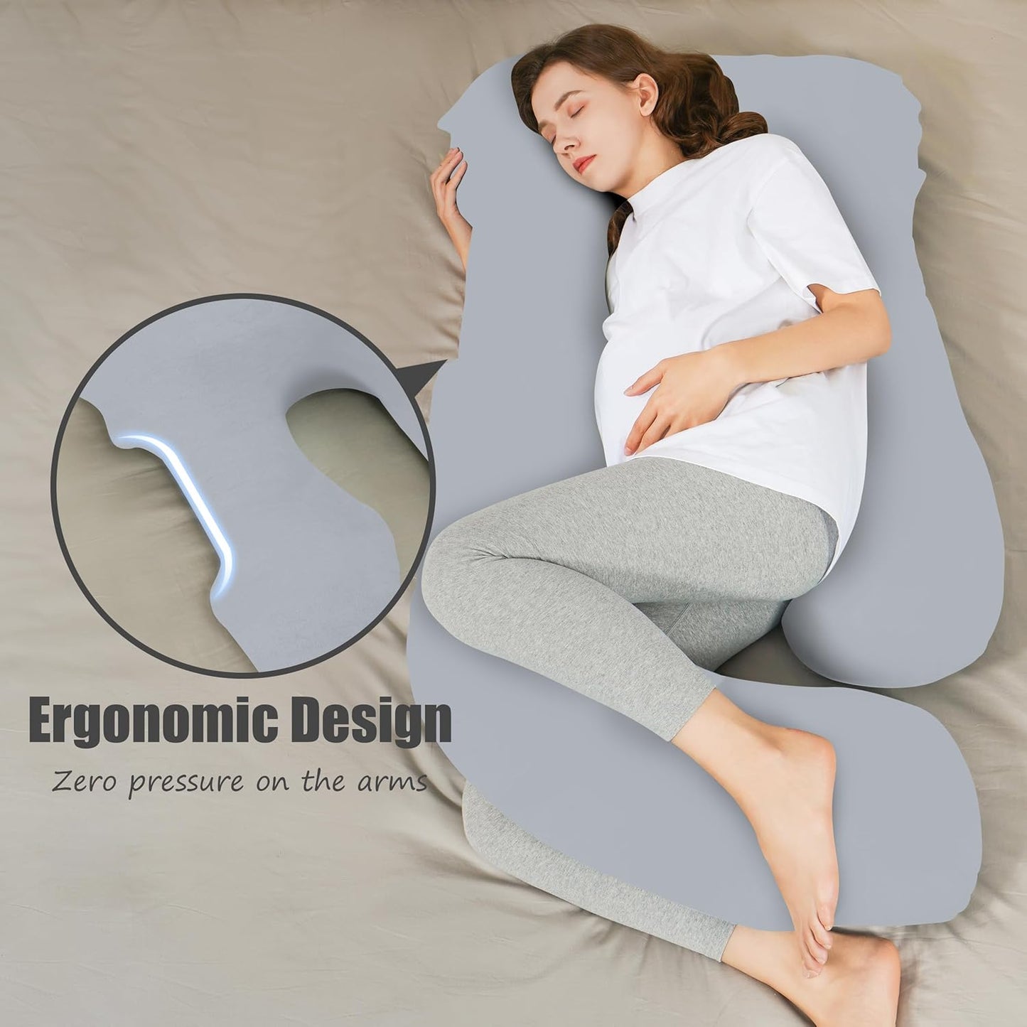 HIPHOP PANDA U-Shaped Pregnancy Pillow for Sleeping - Full Body Maternity Support Pillow with Removable Cover - Comfort for Back, HIPS, Legs, Belly - 57 Inch for Pregnant Women, Light Grey