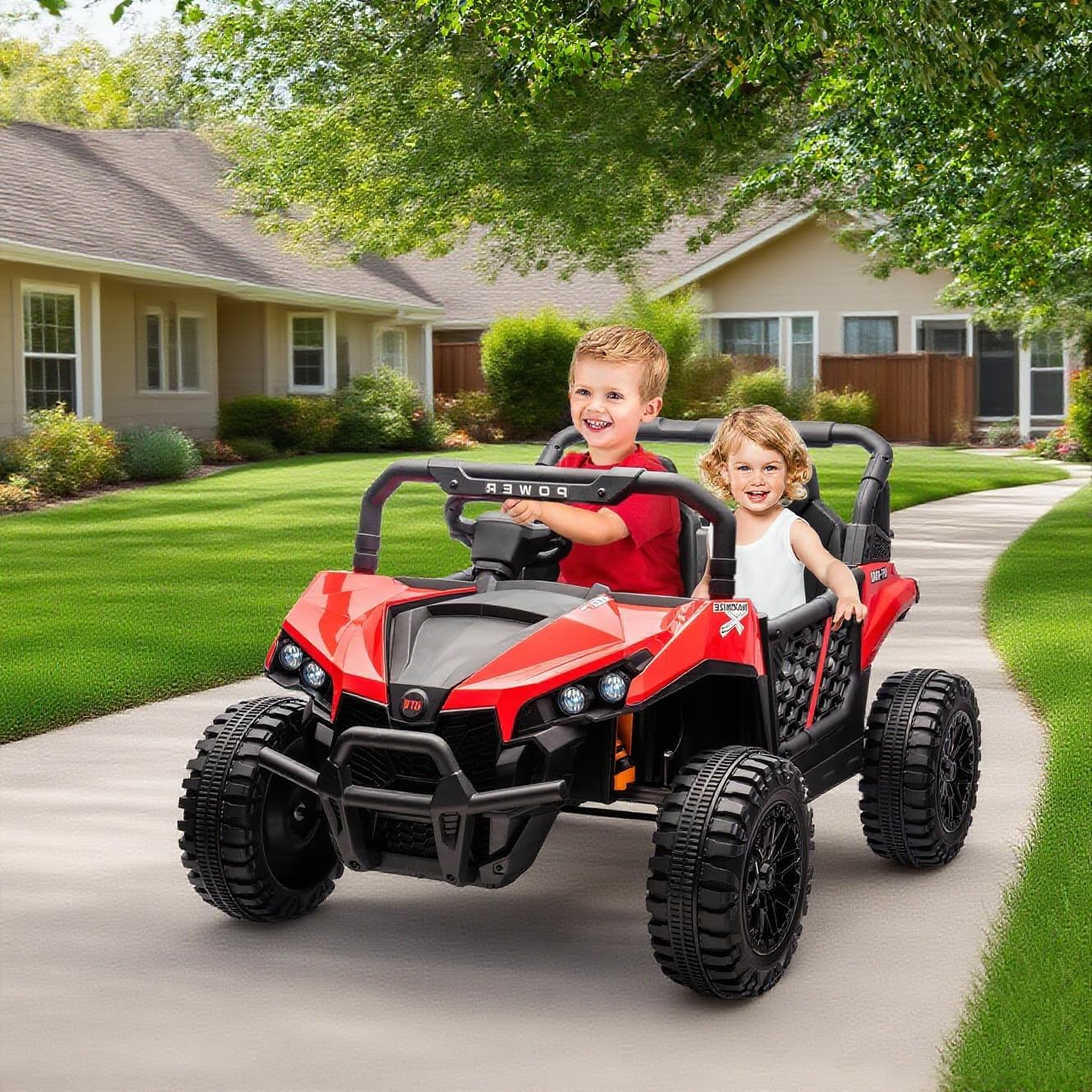 24V 2 Seater Ride On Car Truck, Power Wheels Kids UTV w/Parent Remote Control, 3.1 MPH Max Speed, Music Player, LED Lights & Storage, Electric Vehicle Ride On Toy for Kids Toddler Ages 3-8, Red