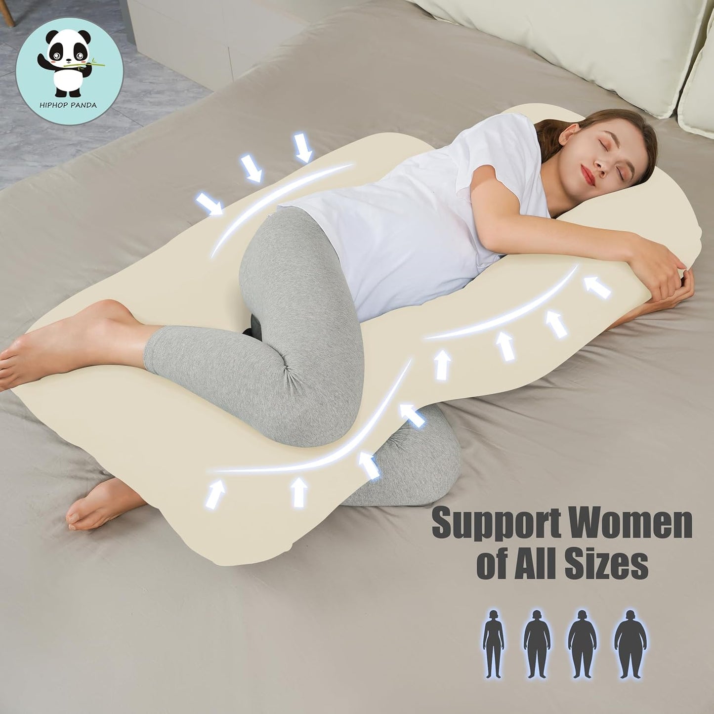 HIPHOP PANDA U-Shaped Pregnancy Pillow for Sleeping - Full Body Maternity Support Pillow with Removable Cover - Comfort for Back, HIPS, Legs, Belly - 57 Inch for Pregnant Women, Ivory
