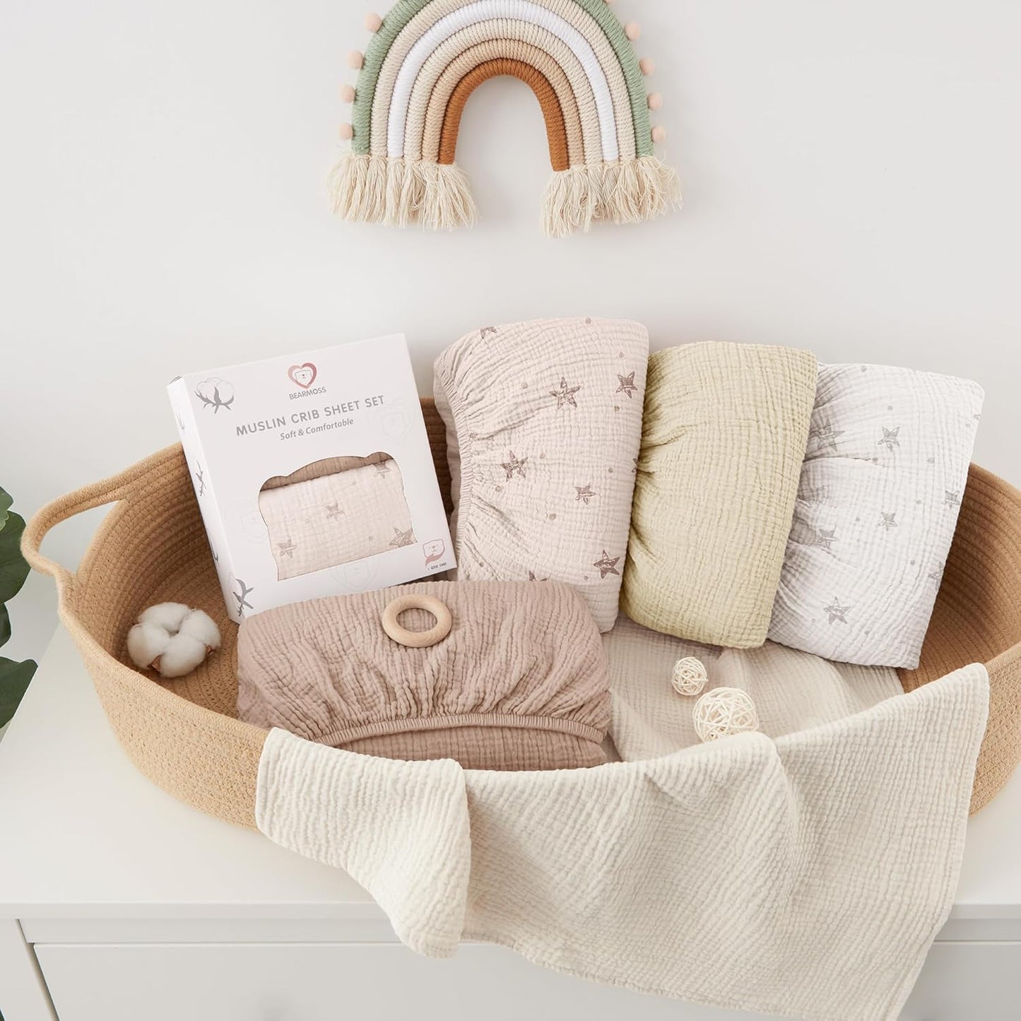 Bearmoss Muslin Crib Sheets - 100% Cotton Baby Crib Sheets Fitted for Standard Crib Mattress & Toddler Bed Mattress 52"x28" Soft Breathable Crib Sheet Neutral for Boys Girls - 2 Pack (Pink Star)