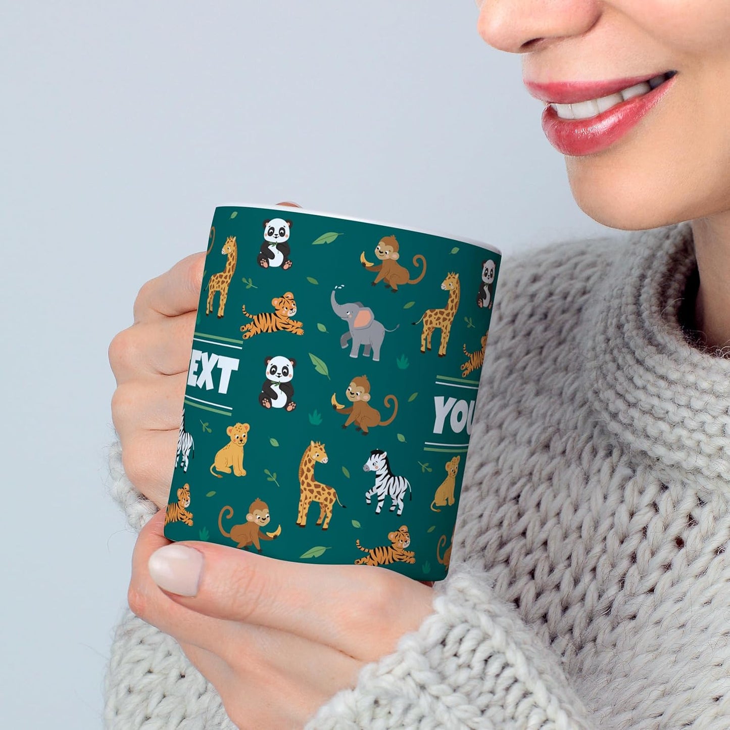 Personalized Mug for Kids - Zoo Animals - Custom Name/Text, Ceramic Hot Chocolate/Cocoa/Coffee Cup for Boys/Girls, Birthday/Christmas/Holiday Gift - 11 oz, Navy Blue Handle