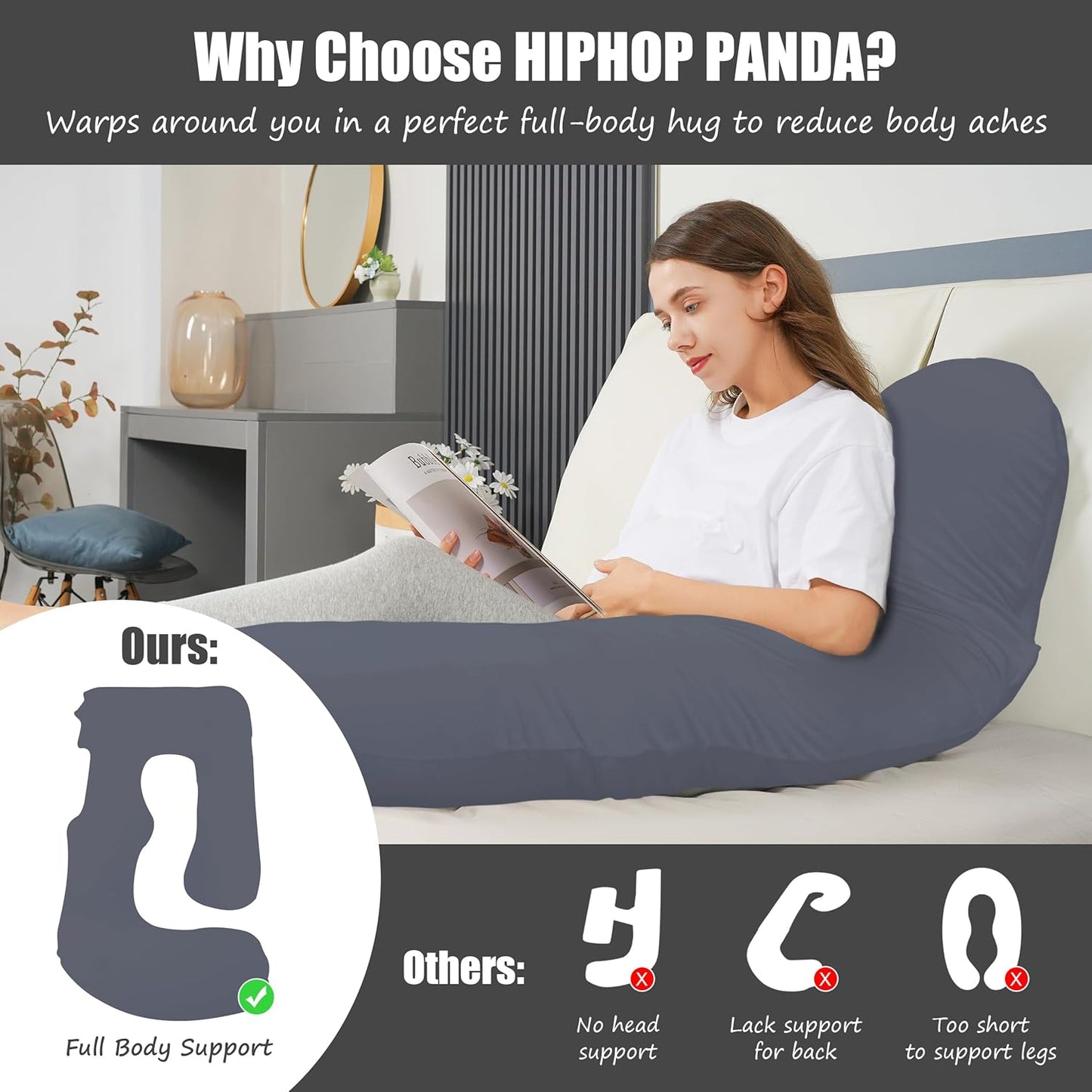 HIPHOP PANDA U-Shaped Pregnancy Pillow for Sleeping - Full Body Maternity Support Pillow with Removable Cover - Comfort for Back, HIPS, Legs, Belly - 57 Inch for Pregnant Women, Dark Grey