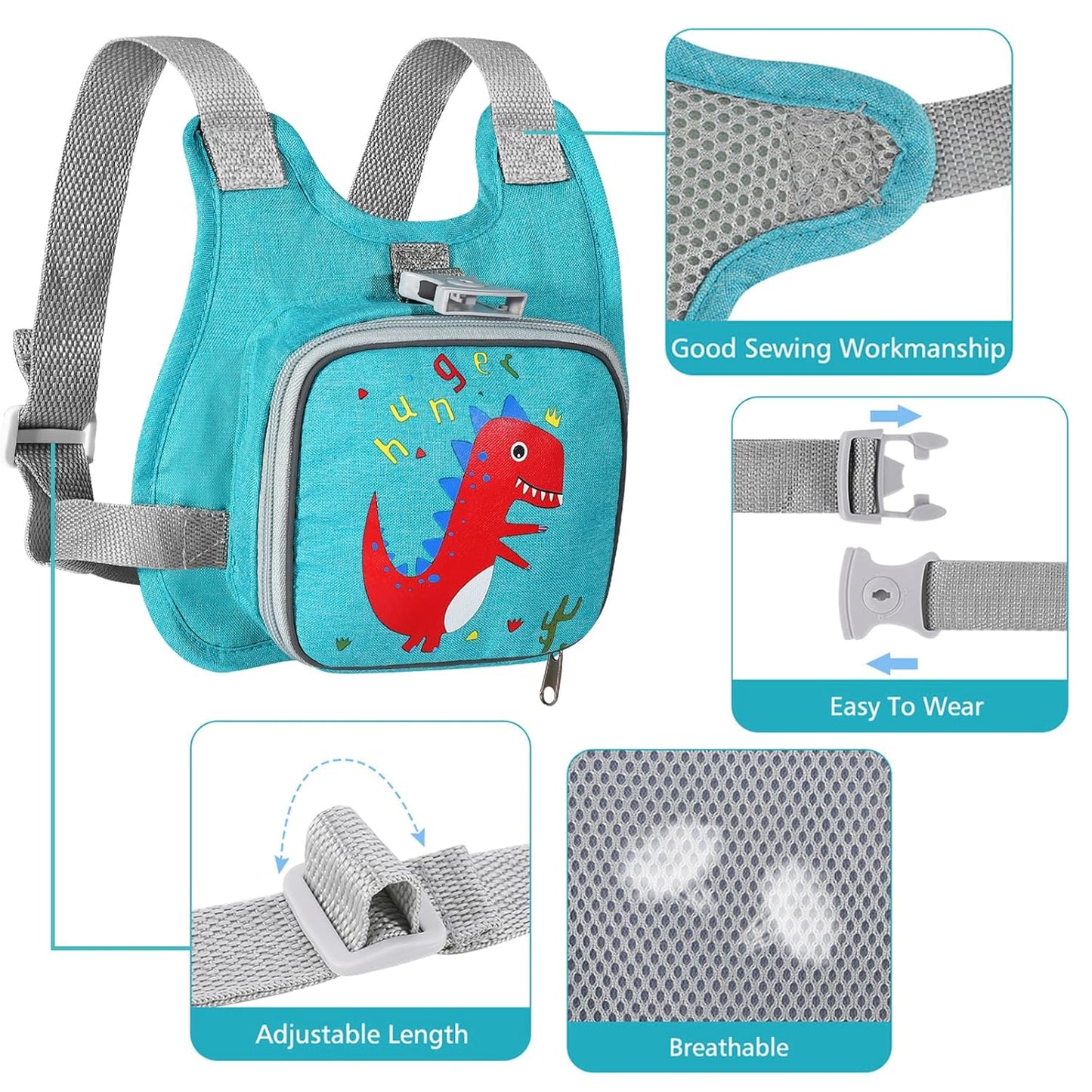 Toddler Harness Leash + Anti Lost Wrist Link, Accmor Dinosaur Baby Harnesses with Kids Leashes for Boys, Cute Child Walking Anti-Lost Holder Bracelet Strap Tether for Outdoor Keep Kid Close (Blue)