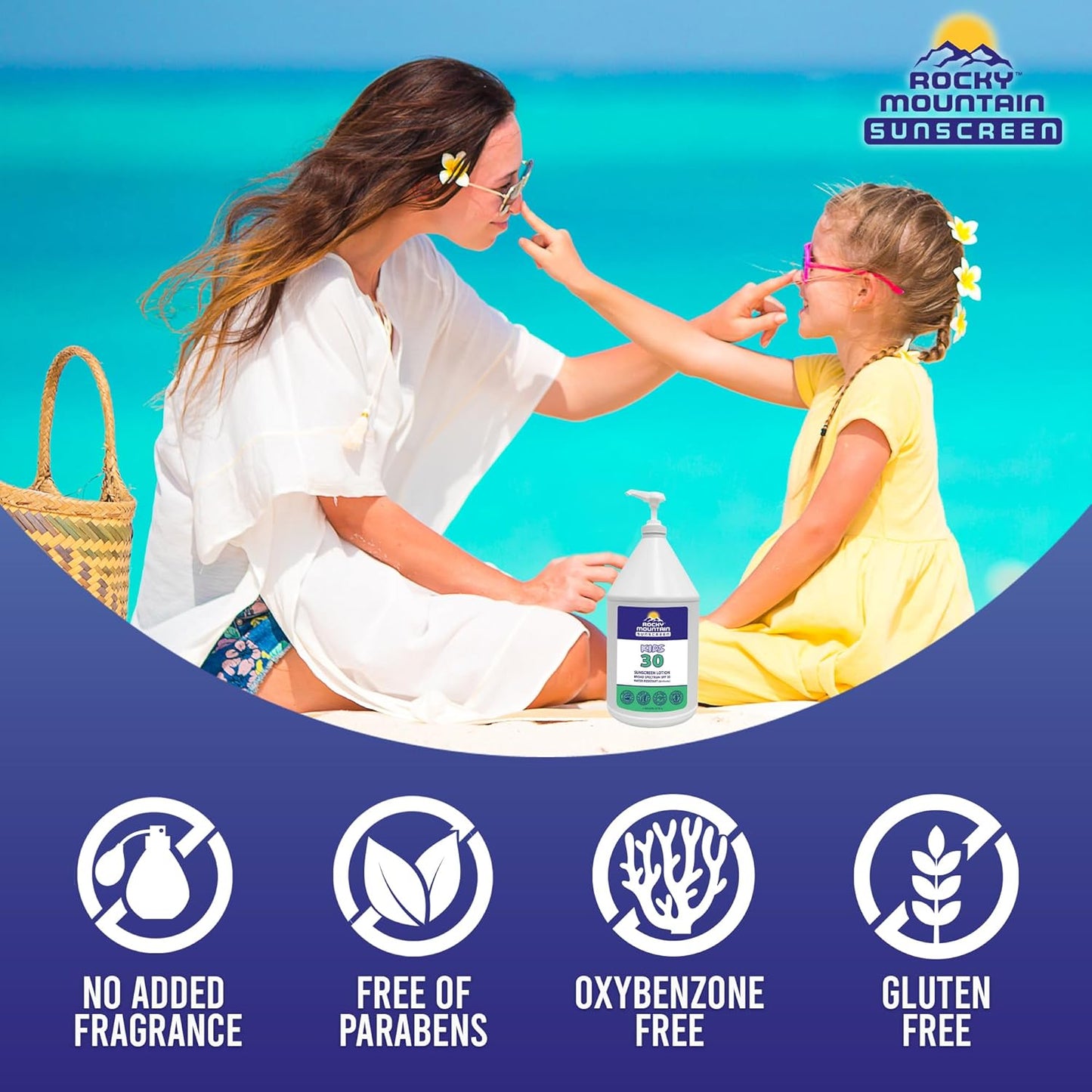 Rocky Mountain Sunscreen | KIDS SPF 30 Lotion -Broad Spectrum UVA/UVB Protection | Hawaii 104 Reef Act Compliant (Oxybenzone & Octinoxate Free) | Water Resistant 80 Min. | Gallon with Pump (128 Fl Oz)