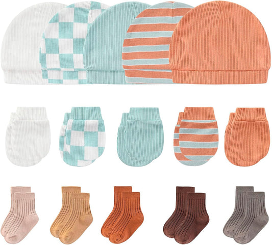 Newborn Baby Boy Girl Caps Mittens Socks Set Cotton Baby Essentials Accessories (Hats+Gloves+Socks)