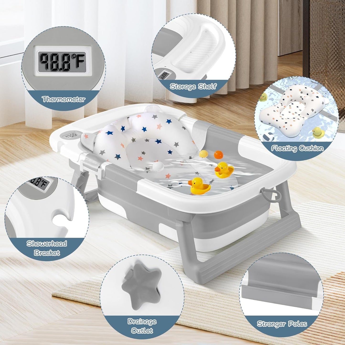 Collapsible Baby Bathtub,Baby Bath Tub with Thermometer & Soft Cushion,Baby Bathtub for Newborn to Toddler 0-36 Months,Portable Travel Baby Tub with No-Slip Feet,Baby Shower Gifts,Grey