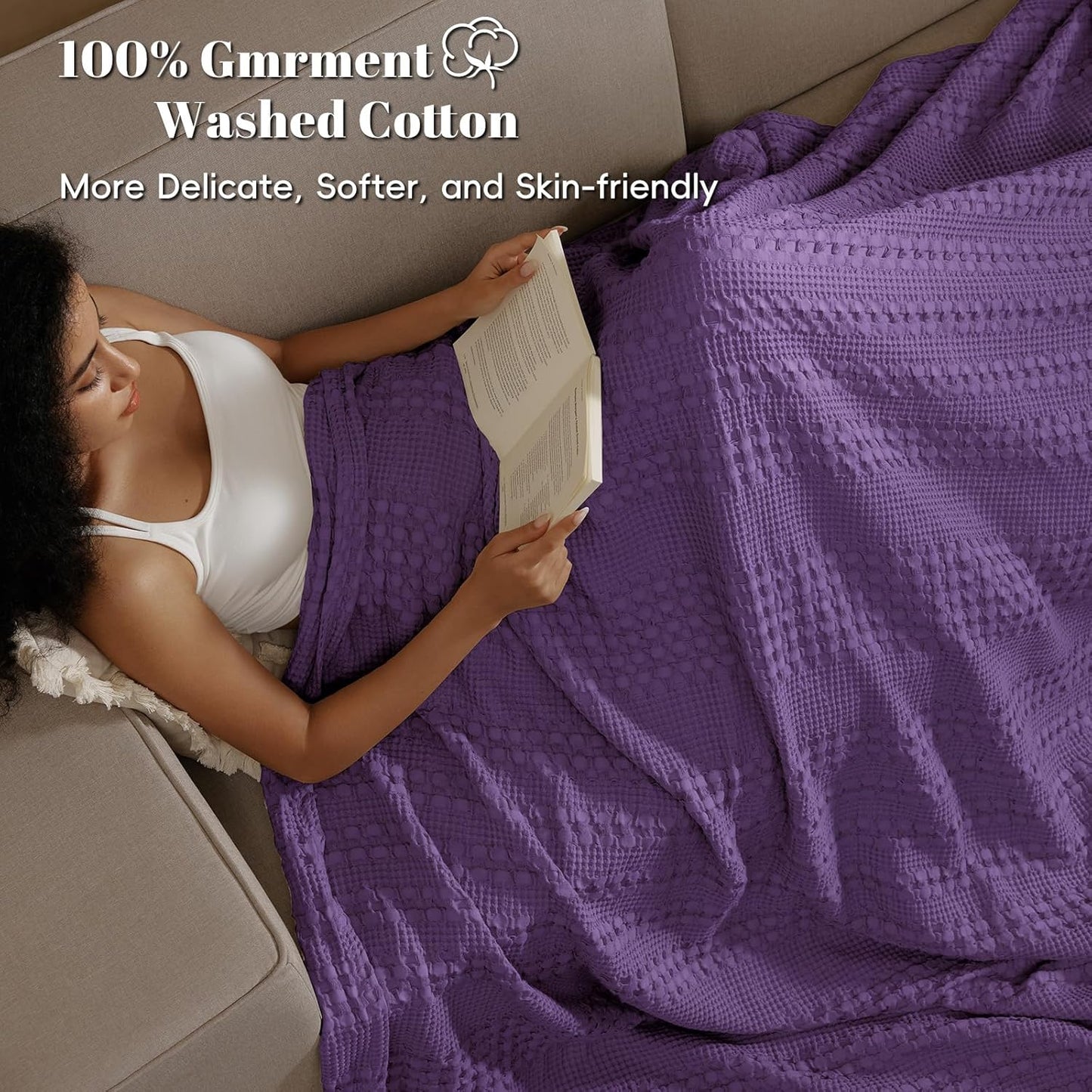 PHF 100% Cotton Waffle Weave Blanket Queen Size, Soft Lightweight Breathable Cozy Summer Blankets for Bed, Luxury Aesthetic Woven Bedding for Home Decor, 90"x90", Grape Purple