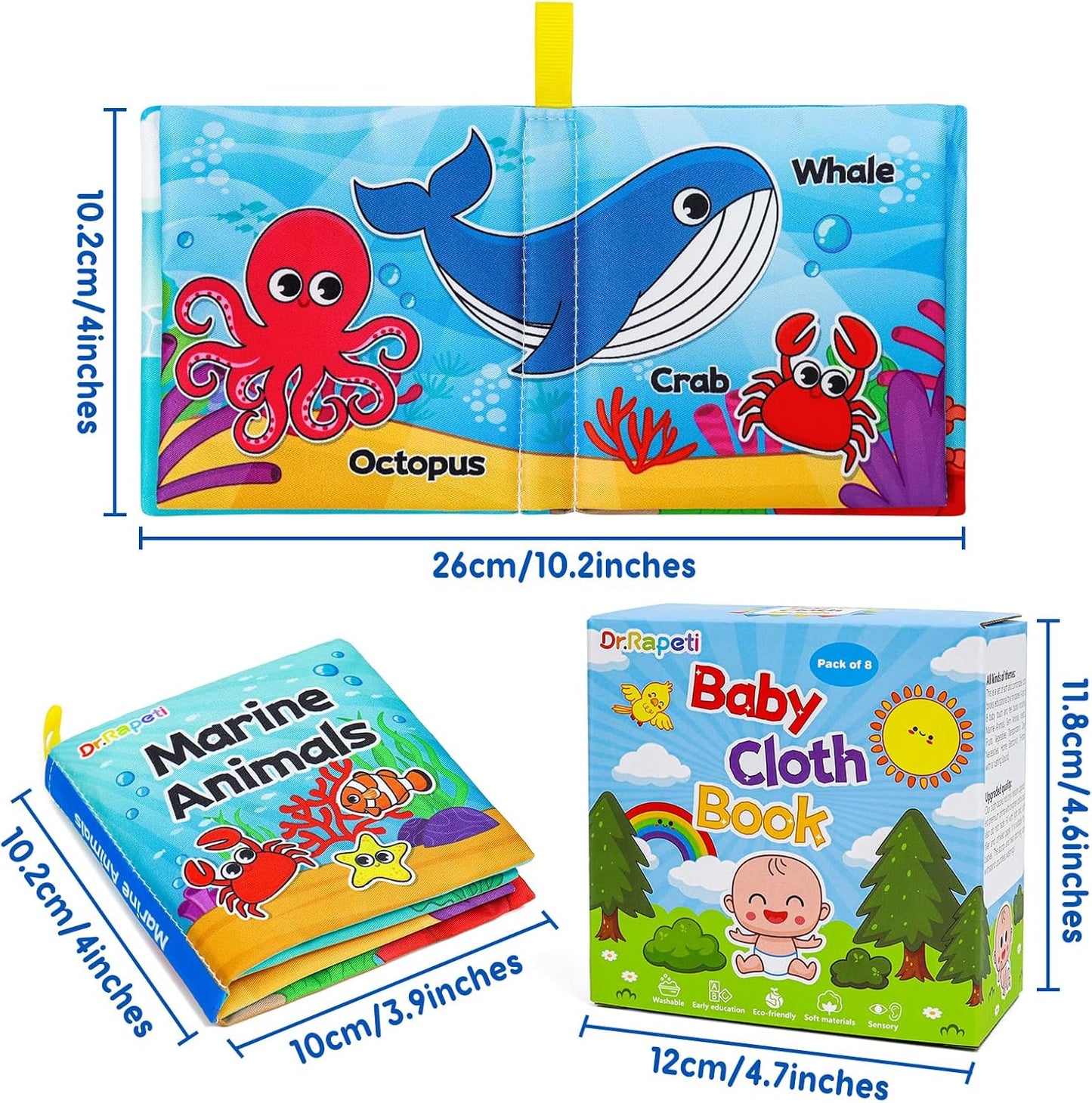 Dr.Rapeti Soft Cloth Books Baby Books Bath Books 8-Pack for Baby Infant Toddler Kid Crinkle Washable Chewable Early Educational Preschool Learning Giftable