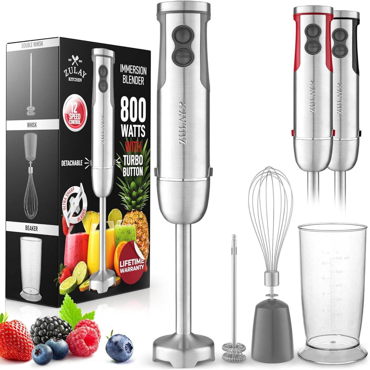Zulay 4-in-1 Immersion Stick Mixer Hand Blender - 800 Watts, 12 Speeds, 5-ft Power Electric Cord, Handheld Portable, Stainless Steel Blades - With Whisk, Frother & Stick Blender Attachments - Gray