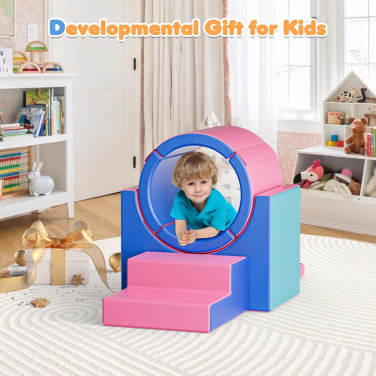 Lischwert Foam Climbing Blocks for Toddlers 1-3, 5pcs Soft Play Set with Tunnel Crawling Exploration Toys, Indoor Infant Safe Blocks for Baby Gym & Toddler Playground - Blue Pink