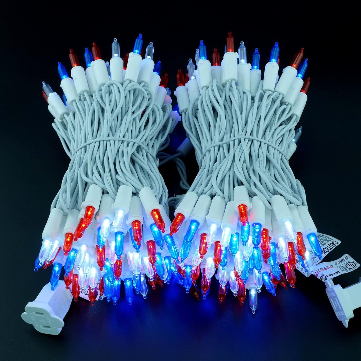 YULETIME 200 Count Red White & Blue LED Christmas Lights, 66 Feet White Wire UL Certified Commercial Grade Holiday String Light Set