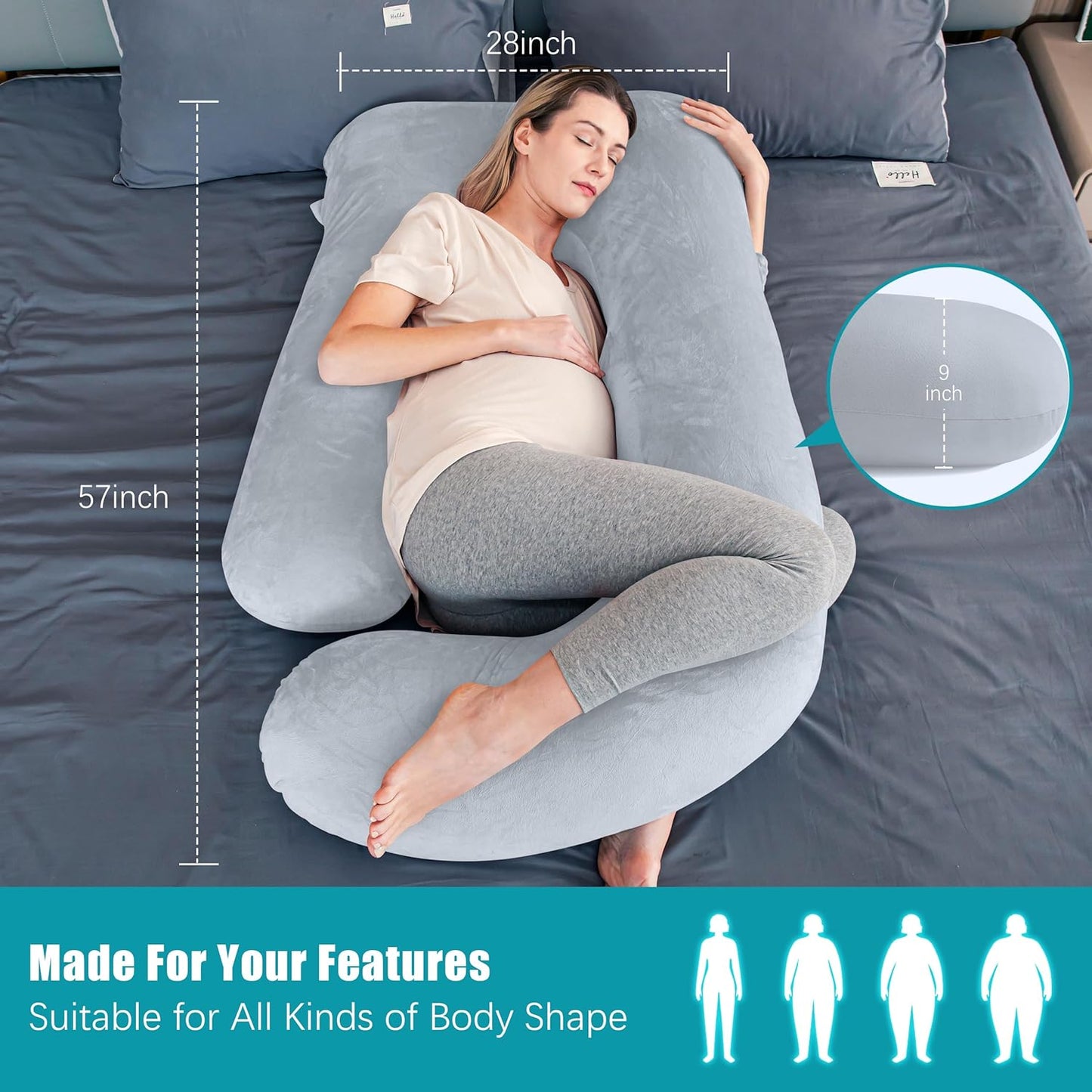 Cute Castle Pregnancy Pillows, Soft U-Shape Maternity Pillow with Removable Cover - Full Body Pillows for Adults Sleeping - Pregnancy Must Haves - Jumbo 57 Inch - Light Grey