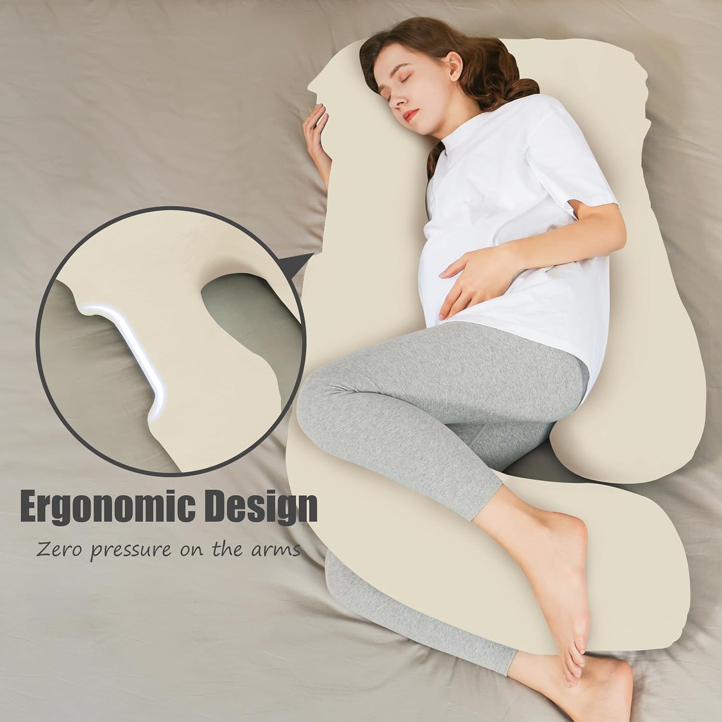 HIPHOP PANDA U-Shaped Pregnancy Pillow for Sleeping - Full Body Maternity Support Pillow with Removable Cover - Comfort for Back, HIPS, Legs, Belly - 57 Inch for Pregnant Women, Ivory