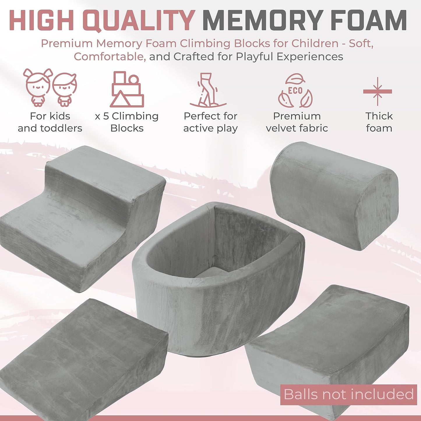 Foam Climbing Blocks for Toddlers 1-3 - Baby Climb and Crawl Activity Playset - Indoor Activity Play Structure for Toddlers - Foam Soft Play Set for Babies - Balls NOT Included - Gray