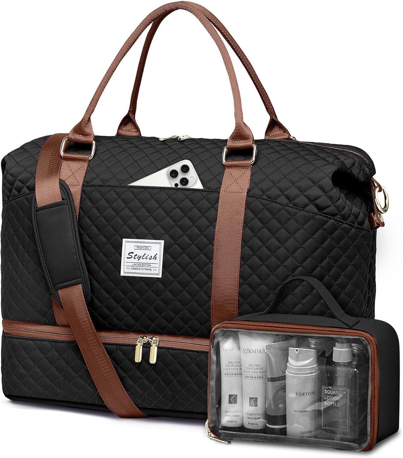 Travel Duffle for Women Weekender Bags - Large Duffel Overnight Bag with Shoe Compartment Carry on Tote Toiletry Weekend Yoga Gym Bags with Wet Pocket Hospital for Labor and Delivery Black Brown