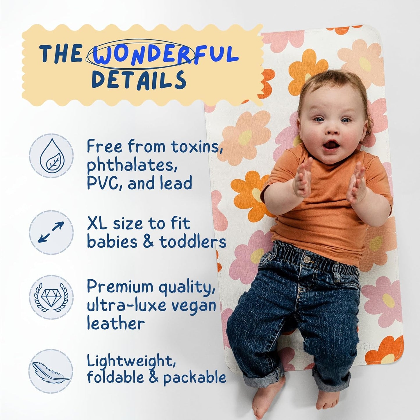 Leather Changing Mat with Reusable Waterproof Wet Bag, (16 x 30 Inches) Baby Changing Mat, Non-Toxic Changing Pad Portable Folds and Wipes Clean, Baby Changing Pad Travel (Floral)