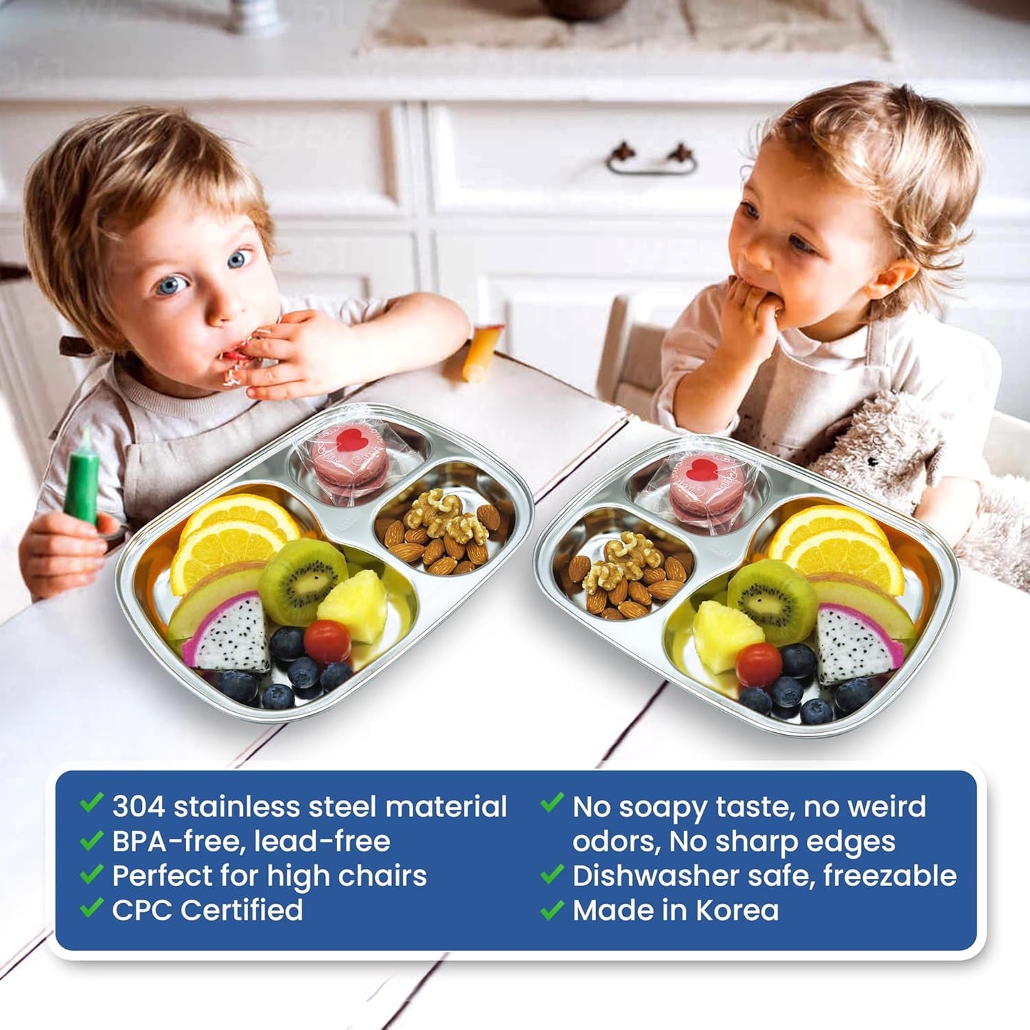 Korean Stainless Steel Divided Plates, Kids Toddlers Babies Tray, BPA Free, Diet Food Control, Camping Dishes, Compact Serving Platter, Dinner Snack, 3 Compartment Plate Silver, Set of 2