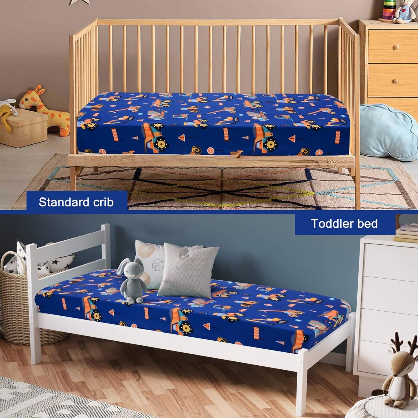 UOMNY Crib Sheet 52x28 Baby Sheet for Boys Breathable Fitted Crib Sheet for Standard Crib and Toddler Mattress Toddler Sheet Engineering Vehicle Blue