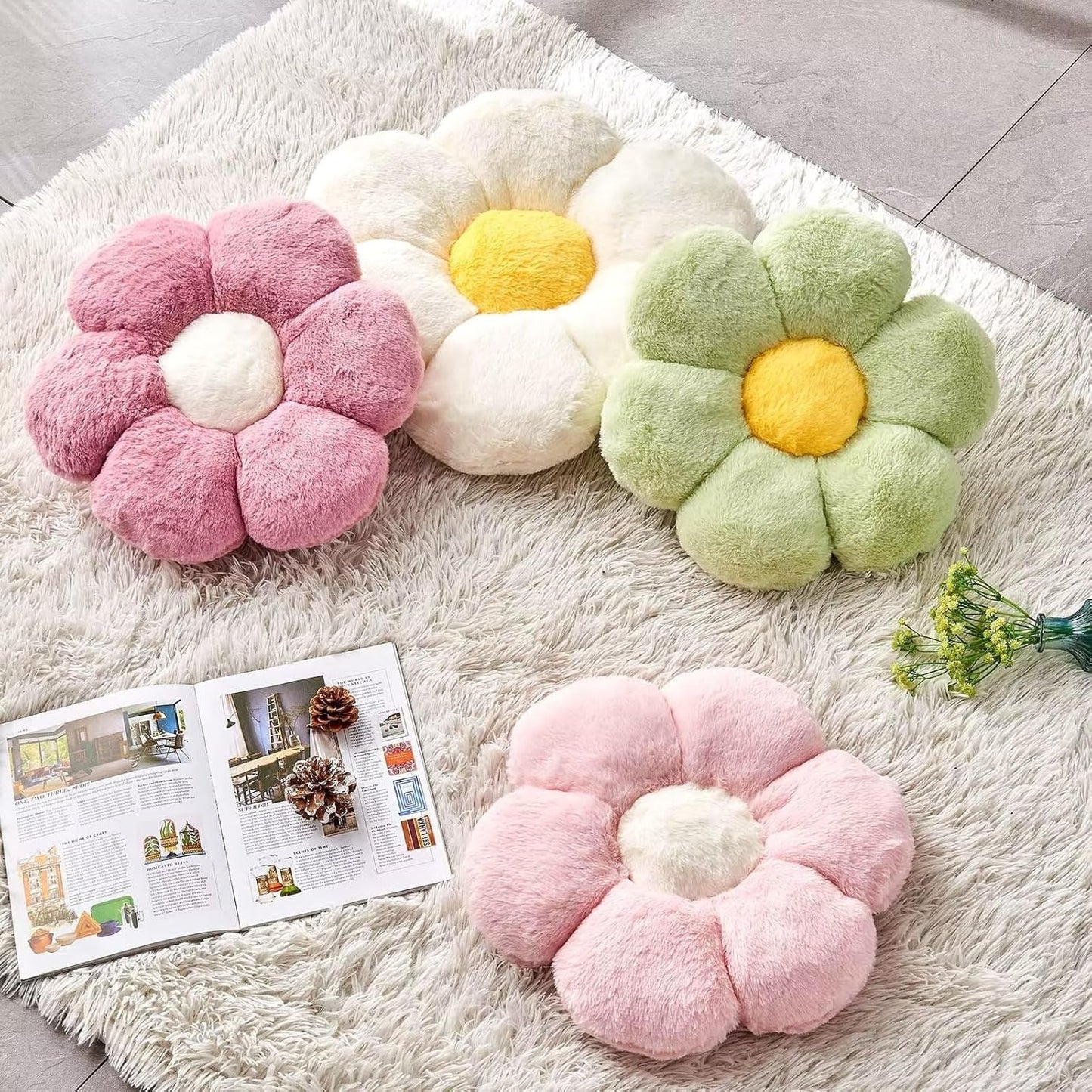 White Flower Plush Throw Pillow, Cute Decorative Flower Shaped with Faux Rabbit Fur, 19.6" Soft Plush Floor Pillow for Bedroom Living Room