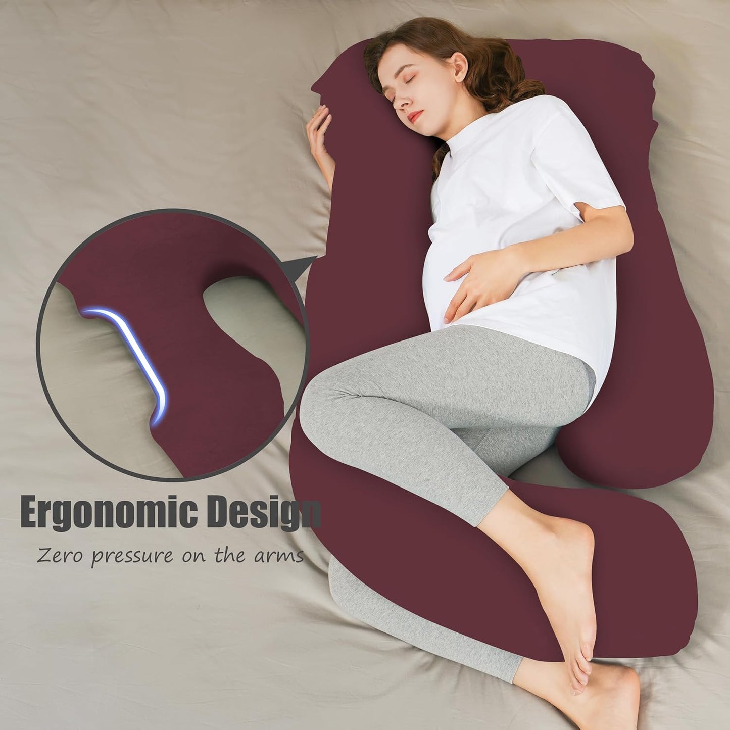 HIPHOP PANDA U-Shaped Pregnancy Pillow for Sleeping - Full Body Maternity Support Pillow with Cooling Removable Cover - Comfort for Back, HIPS, Legs, Belly - 57 Inch for Pregnant Women, Burgundy