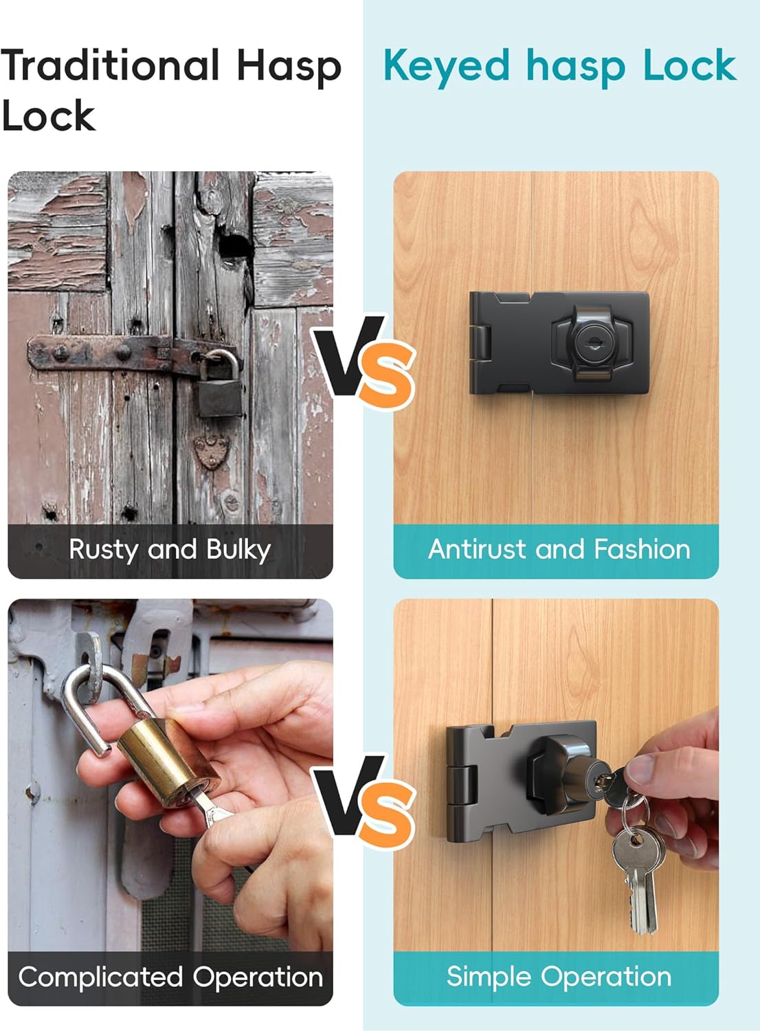 4 Inch Keyed Hasp Lock for Cabinets & Small Doors, Twist Knob Design, Heavy Duty Zinc Alloy with Chrome-Plated Iron, Includes Keys & Screws, Black