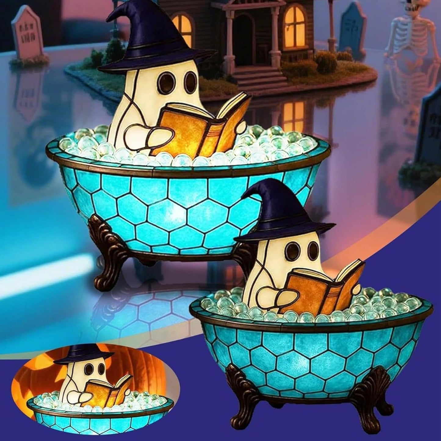 Ghost Bubble Bath Lamp, Halloween Light up Ghost Night Light, LED Flickering Nightlight, Cute Bathtub Spooky Books Nightlight for Halloween Ghost Decor