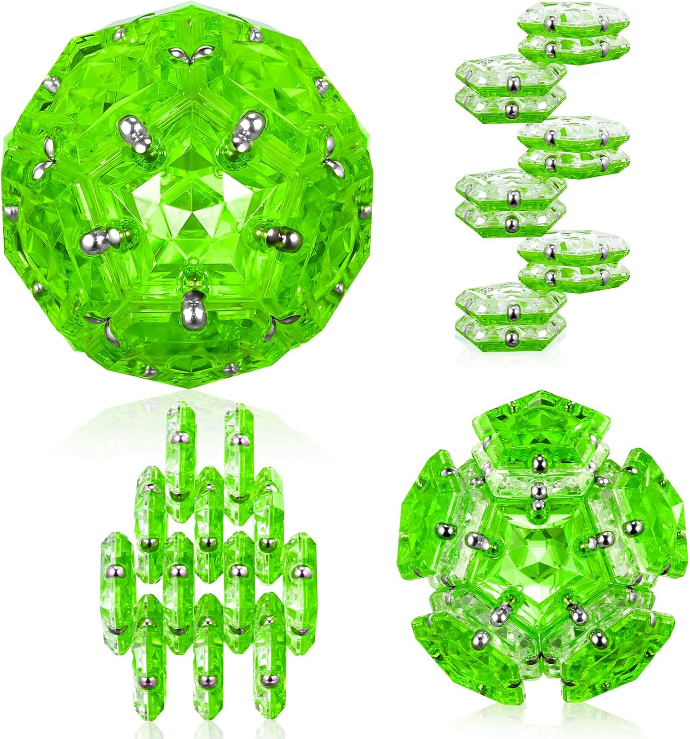RoomyRoc Magnetic Fidget Sphere - Pentagons Magnets Balls - 12 Piece Set - Crystal Bright Green - Magnet Fidgets Toy - Creativity Beyond Imagination, Inspirational, Recreational, Desk Toys for Adults