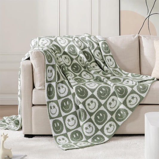 WRENSONGE Checkered Throw Blanket Seagrass Smiling Face Soft Cozy Fluffy Warm Hand Made Weave Throw Blankets for Couch, Sofa, Chair, Bed, Camping, Picnic, Travel Lightweight Bed Blanket - 60"*80"