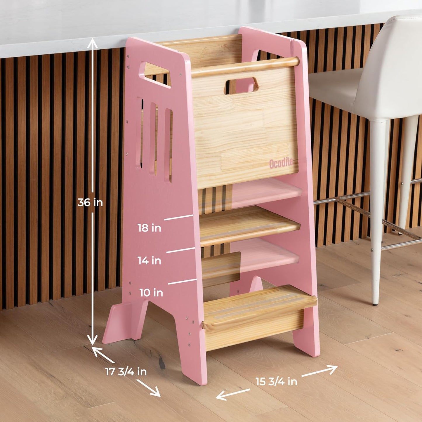 Toddler Tower with a Sliding Door and 3 Adjustable Heights - Complete Toddler Kitchen Stool Helper with Support Feet - Safe Design for 18+ Months to 6-Year-Old Kids - Pink